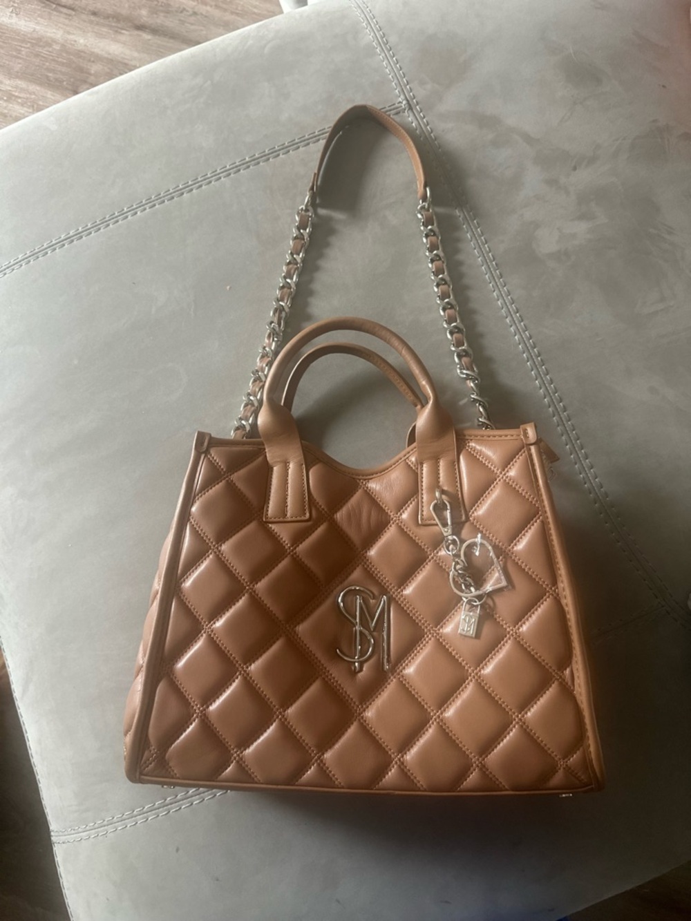 Steve Madden Quilted Tan Tote with Silver Chain Strap
